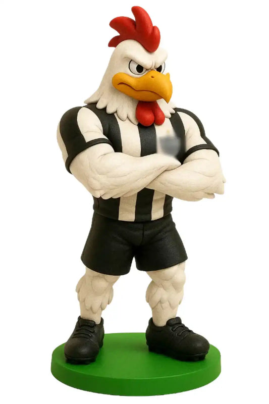 Estatueta de galo estilizado em uniforme preto e branco, impressa em 3D, peça decorativa criativa.