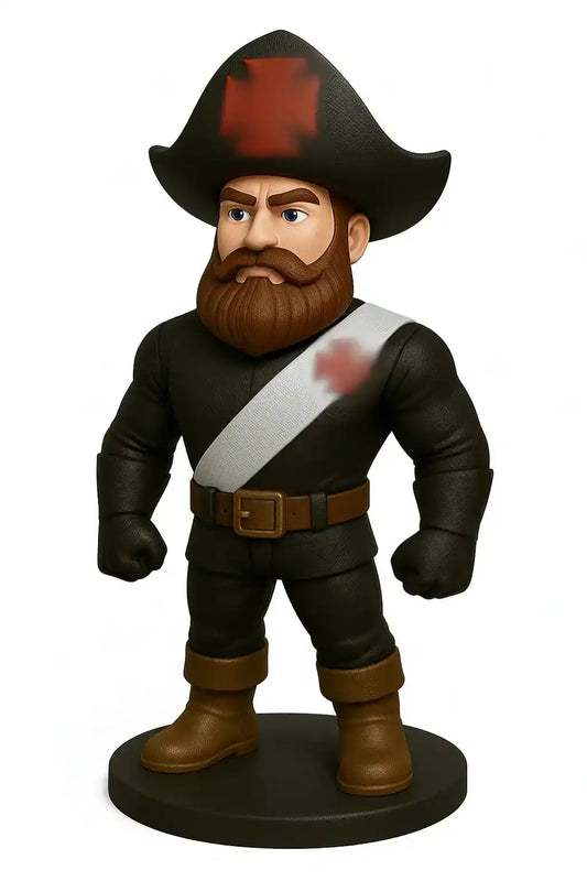 Estatueta 3D de pirata barbudo com roupas pretas, botas marrons e faixa no peito, decoração criativa impressa em 3D