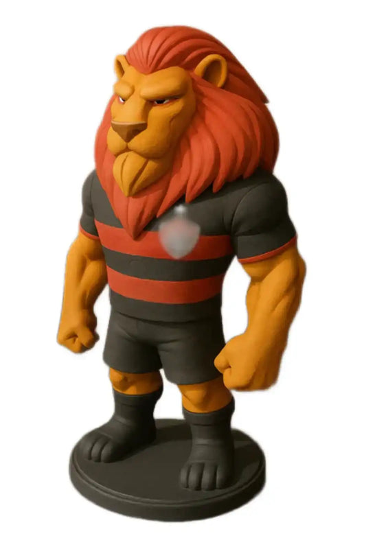 Estatueta de leão estilizado feita em impressora 3D, com uniforme preto e vermelho, base redonda.
