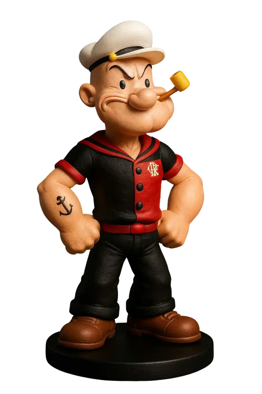 Estatueta 3D do marinheiro Popeye com uniforme preto e vermelho, cachimbo e tatuagem de âncora.