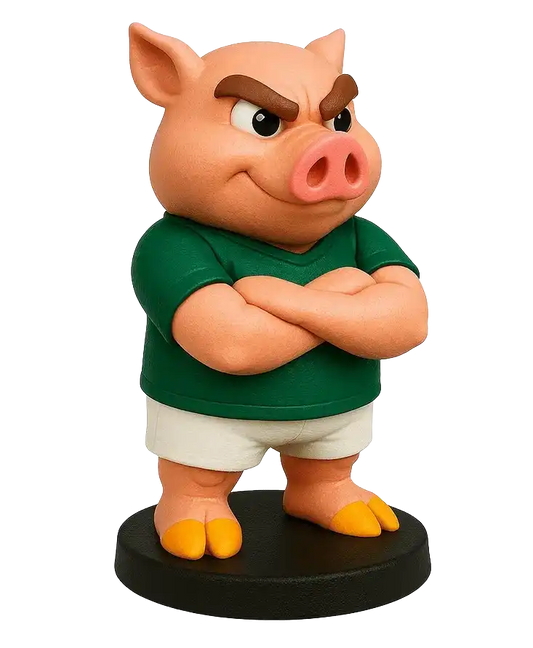 Estatueta 3D de porquinho animado com expressão determinada, camisa verde e shorts brancos