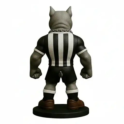 Estatueta 3D de cachorro com uniforme listrado preto e branco, vista traseira, decoração geek.