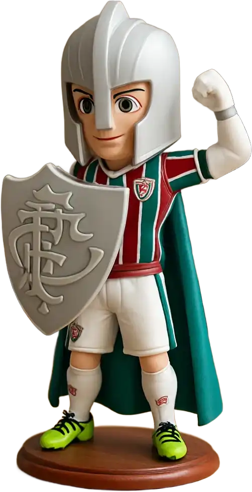 Estatueta 3D personalizada de mascote esportivo com armadura, escudo e capa, impressa em alta definição.