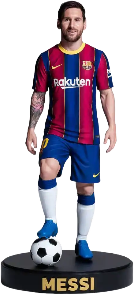Estatueta 3D de jogador de futebol com uniforme do Barcelona, com bola e base personalizada.