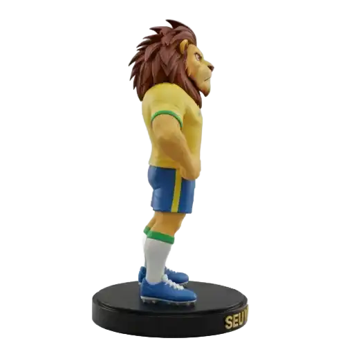 Estatueta de leão jogador de futebol com uniforme do Brasil impressa em 3D, decorativa.