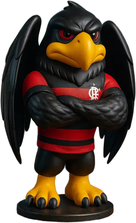 Estatueta de urubu preto com uniforme listrado vermelho e preto, feita em impressão 3D.