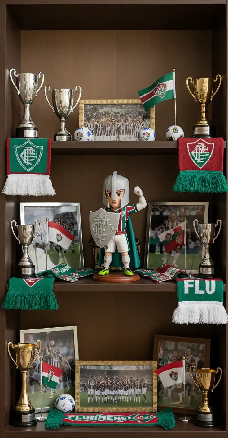 Estante decorativa com troféus, fotos de time de futebol, mascote colecionável e cachecóis personalizados em 3D.