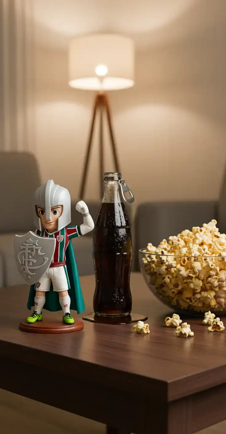 Estatueta personalizada em 3D de mascote esportivo sobre mesa com refrigerante e pipoca.