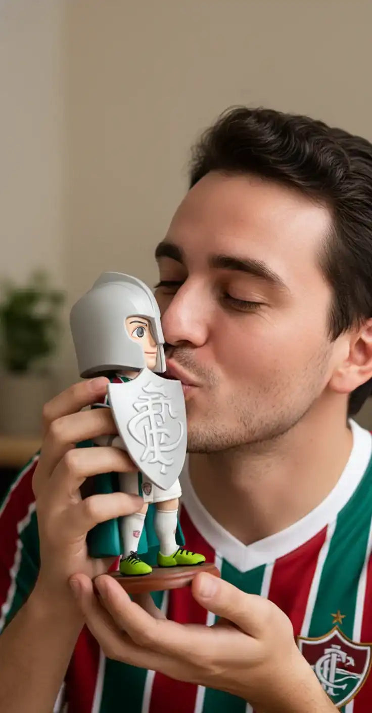 Homem beijando estatueta personalizada impressa em 3D de cavaleiro com escudo, decoração criativa.
