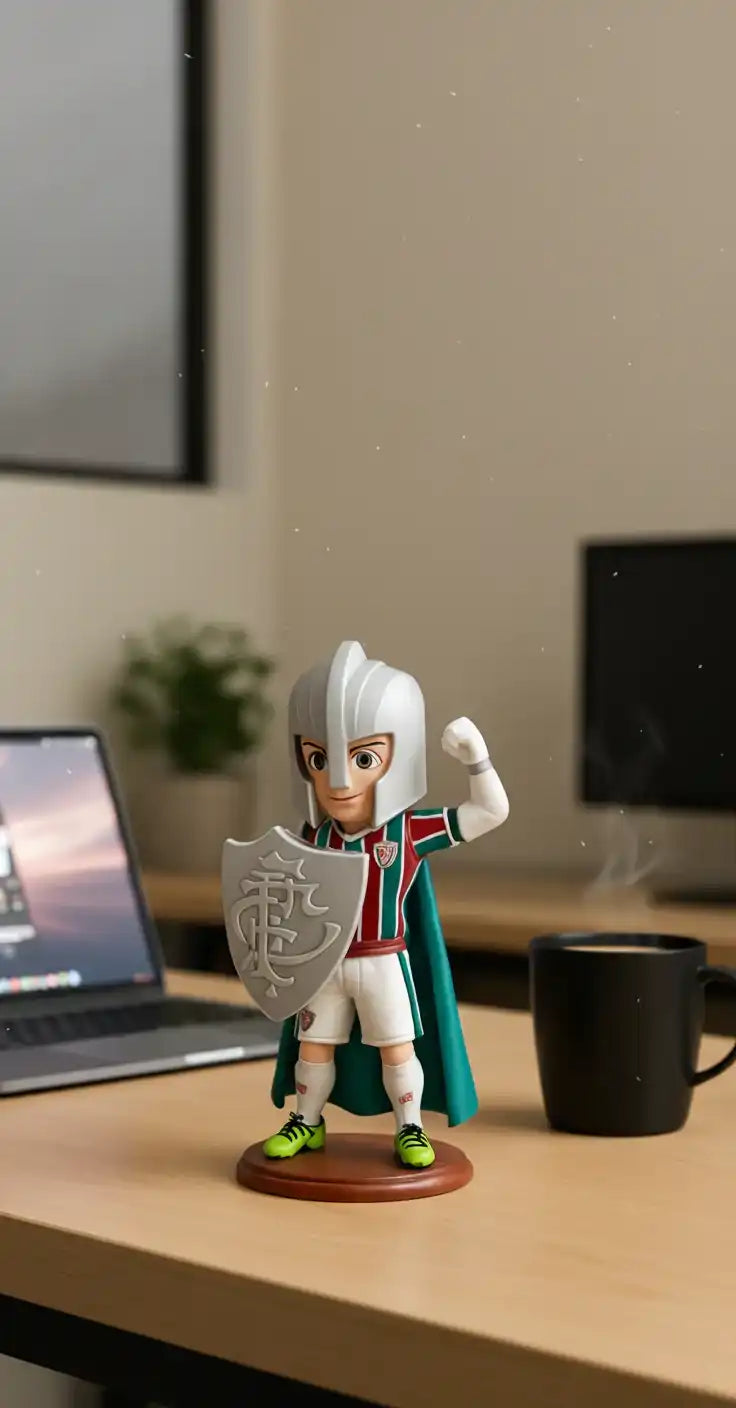 Estatueta 3D personalizada de cavaleiro com escudo em mesa de escritório, decoração criativa.