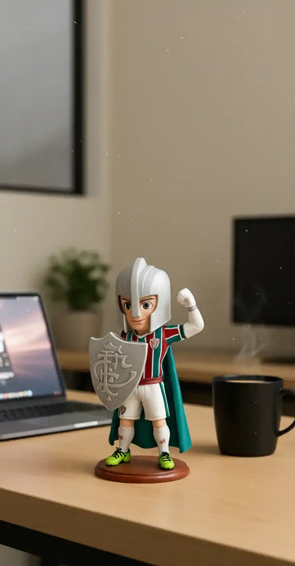 Estatueta 3D personalizada de cavaleiro com escudo em mesa de escritório, decoração criativa.