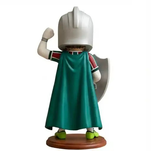 Estatueta de cavaleiro com escudo, capa verde e capacete, impressa em 3D, vista traseira.