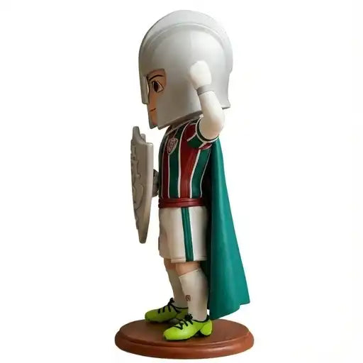 Estatueta 3D personalizada de guerreiro em uniforme de futebol, com escudo, capa e capacete.