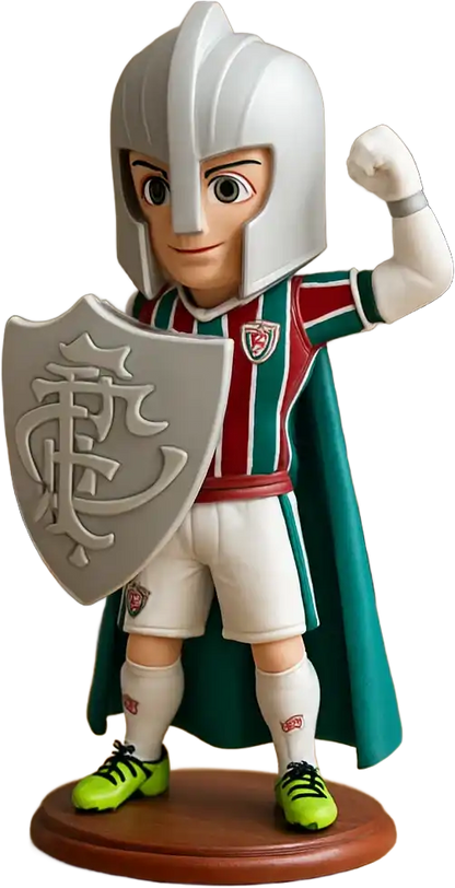 Estatueta 3D personalizada de mascote esportivo com armadura, escudo e capa, impressa em alta definição.