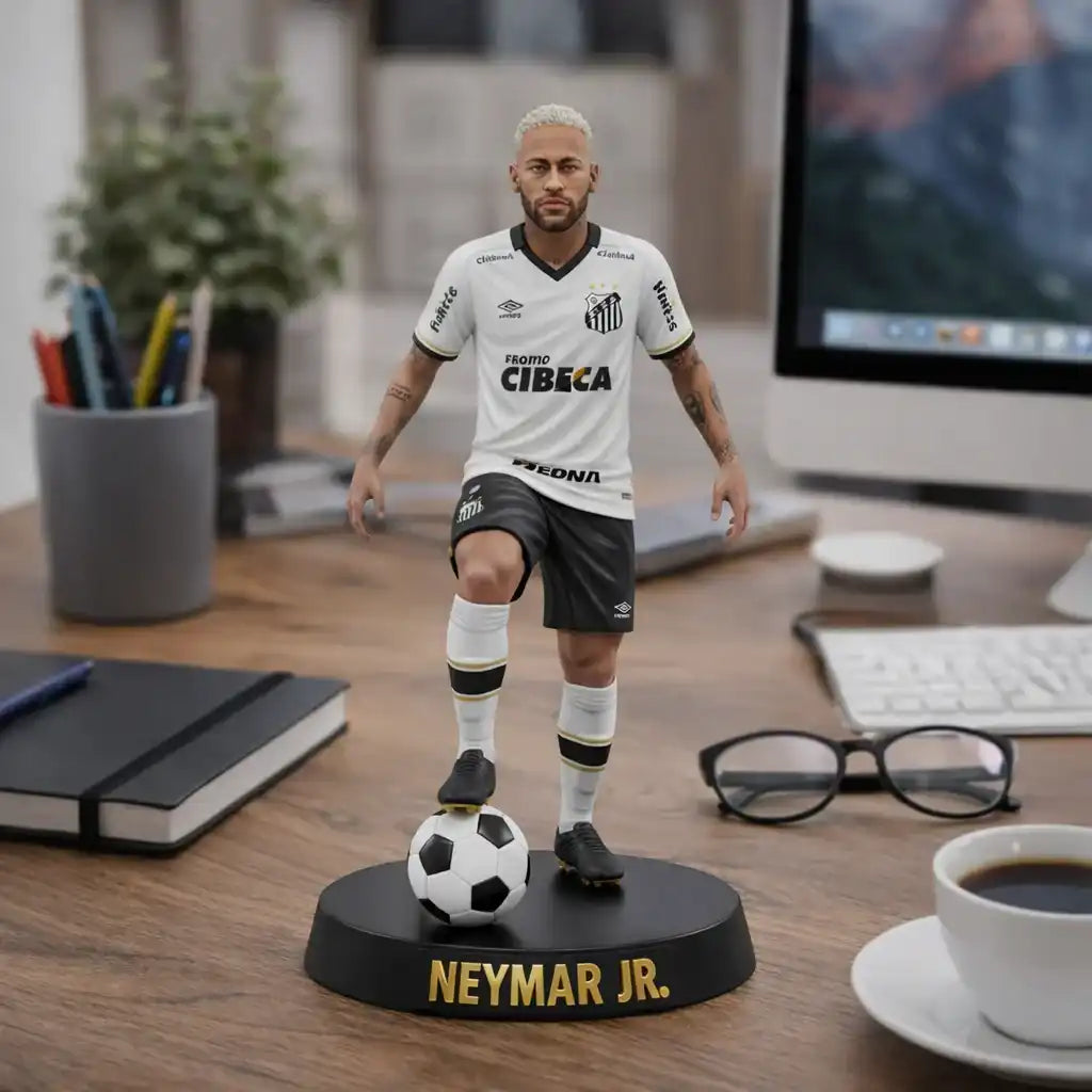 Estatueta 3D personalizada de jogador de futebol com uniforme branco e preto, bola e base com nome, em mesa de escritório.