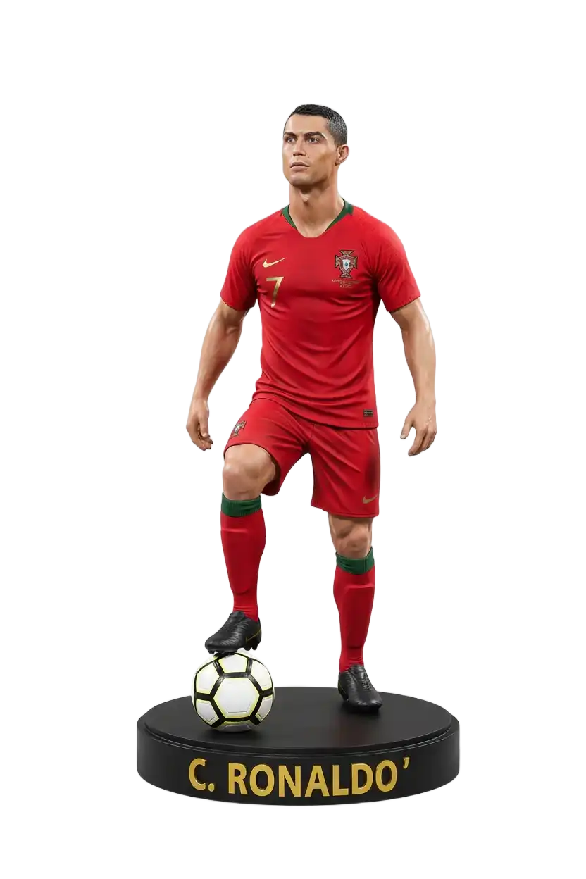 Estatueta impressa em 3D de jogador de futebol com uniforme vermelho e bola de futebol