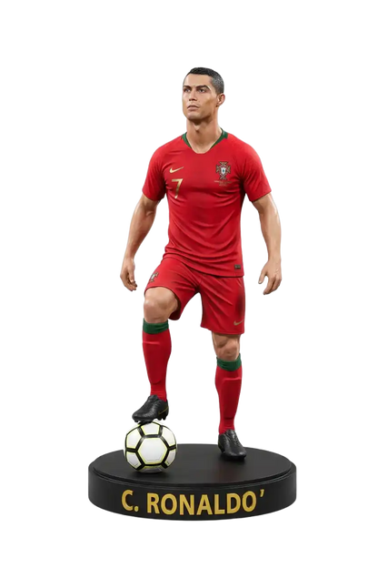 Estatueta impressa em 3D de jogador de futebol com uniforme vermelho e bola de futebol
